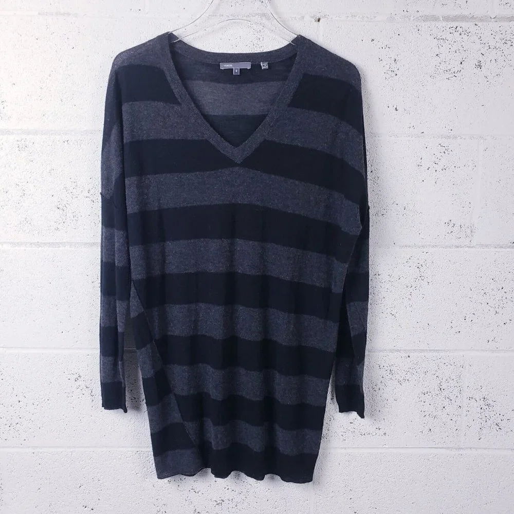 Vince Womens Striped V-Neck Cashmere Sweater Black Gray Size Small‎ Long Length